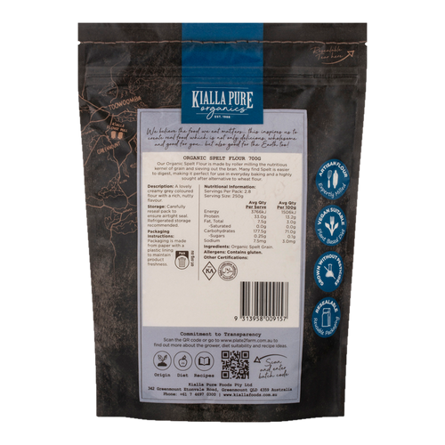 Artisan Flour Organic Spelt 700g/8 - rear of pack