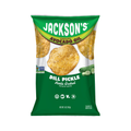 A 5 oz bag of Jackson's Dill Pickle Kettle Cooked Potato Chips, featuring a green and white packaging design with images of golden-brown chips and a cucumber slice.