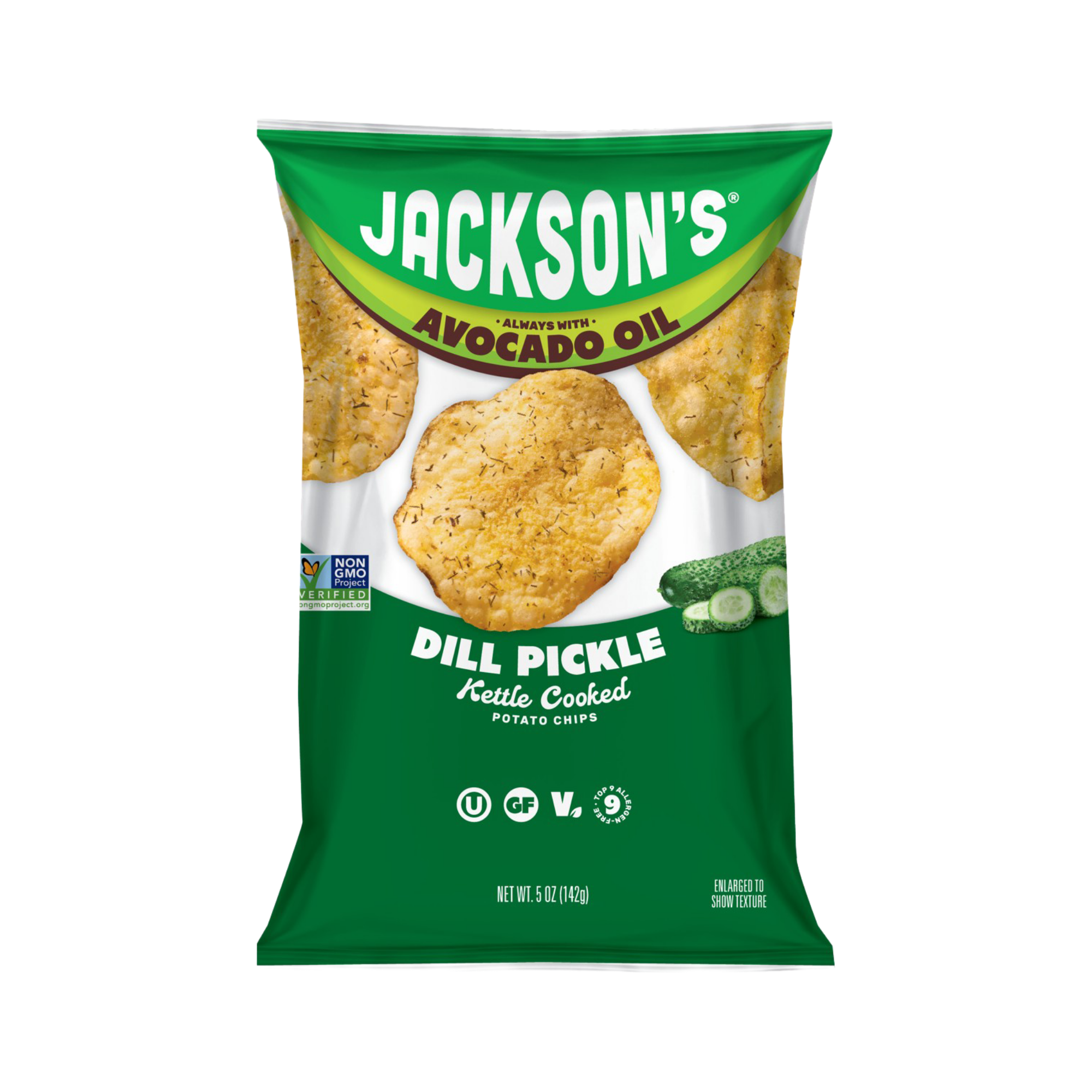 A 5 oz bag of Jackson's Dill Pickle Kettle Cooked Potato Chips, featuring a green and white packaging design with images of golden-brown chips and a cucumber slice.