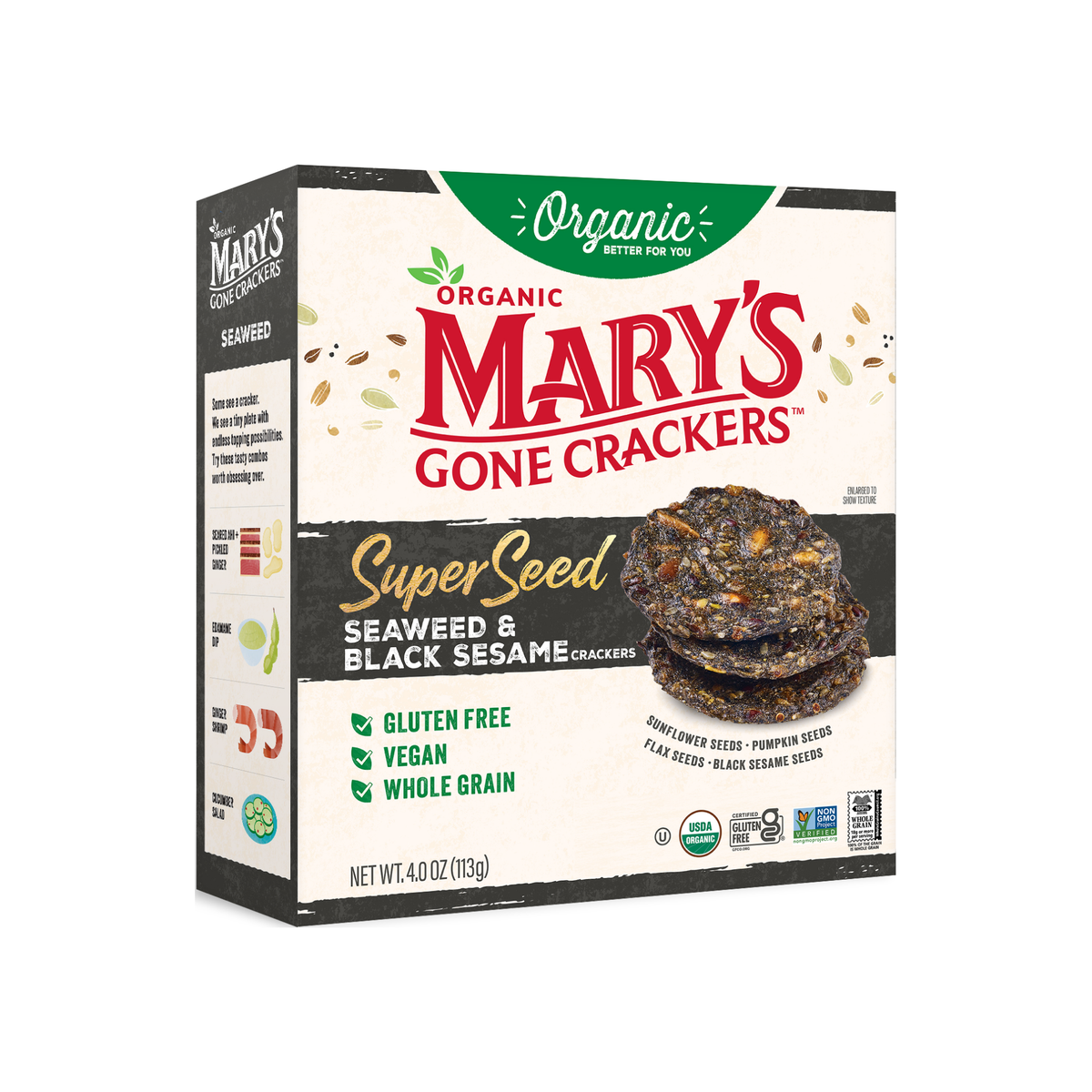 A box of Mary's Gone Crackers Organic Super Seed Seaweed & Black Sesame crackers, shown at a three-quarter angle on a plain white background.